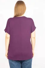 Kadın Mürdüm Büyük Beden Taş Detaylı Düşük Kol Bluz 65N35636