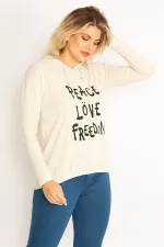 Kadın Bej Ön Baskılı Kapşonlu Etek Ucu Lastikli Bluz 65N34600