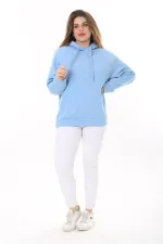 Kadın Büyük Beden Bebe Mavisi İçi Şardonlu 3 İplik Kumaş Kapşonlu Sweatshirt 65N37575