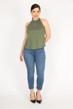 Kadın Haki Büyük Beden Halter Yaka Bluz