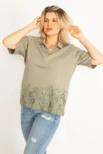 Kadın Haki Polo Yaka Pat Düğmeli Sim Ve Taş Detaylı Bluz 65N34521