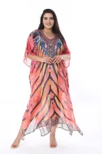 Kadın Büyük Beden Renkli Taş Detaylı Astarsız Şifon Kap 65N38322