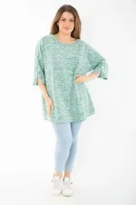 Kadın Büyük Beden Yeşil Kolları Süs Metal Düğmeli Kırçıllı Kalın Tunik 65N37403