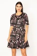 WOMEN'S BLACK ORNAMENT POCKET ZIPPERED FLORAL PATTERNED DRESS