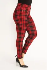 Kadın Kırmızı Ekose Desenli Süs Fermuar Cepli Tayt 65N34640