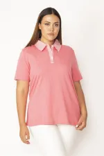 Kadın Pembe Pamuklu Kumaş Polo Yaka Ön Pat Düğmeli  Bluz 65N27823