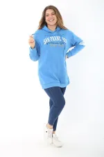 Women's Plus Size Blue Three-Thread Hooded Sweatshirt with Raised Inside 65N37464