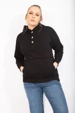 Kadın Siyah İçi Şardonlu 2 İplik Kumaş Ön Pat Düğmeli Kanguru Cep Ve Kapşonlu Sweatshirt 65N35462
