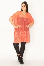 Kadın Büyük Beden Nar Astarsız Dantel Tül Tunik 65N37672