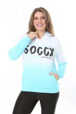 Kadın Büyük Beden Renkli İki İplik Sim Ve Ön Baskı Detaylı Kapşonlu Sweatshirt 65N37162