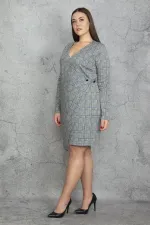 KADIN GRİ EKOSE DESENLİ BEL DETAYLI ANVELOP ASTARLI ELBİSE