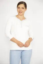 Kadın Büyük Beden Beyaz Sim Detaylı Öpücük Yakalı Kapri Kollu Bluz