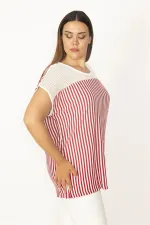 Kadın Kırmızı Ön Robası Dantel Detaylı Düşük Kollu Çizgili Bluz 65N27394