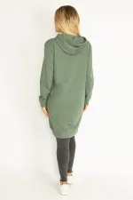 Women's Green Hooded Kangaroo Pocket Long Sweatshirt 65N35070
