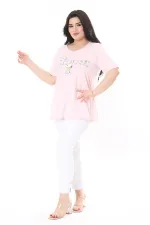 Kadın Büyük Beden Pembe Pamuk Kumaş Ön Baskılı Kısa Kollu Bluz 65N38014
