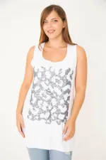 Kadın Büyük Beden Beyaz Payet Detaylı Uzun Kolsuz Bluz 65N36931