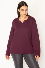 KADIN LACİVERT V YAKALI ARKA ŞERİT DETAYLI KENDİNDEN DESENLİ TUNİK