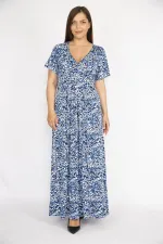 Kadın Mavi Büyük Beden Anvelop Yakalı Likralı Viskon Kumaş Kısa Kollu Uzun Elbise