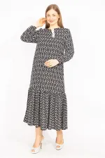 Kadın Siyah Dokuma Viskon Kumaş Etek Ucu Katlı Uzun Kollu Elbise 65N35511