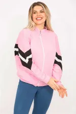 Women's Pink 2-Ply Fabric Front Zipper and Stripe Detail Sweatshirt 65N35299