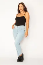 Kadın Mavi Ön Kup Detaylı Yan Kemeri Lastikli Likralı Kot Pantolon 65N34332