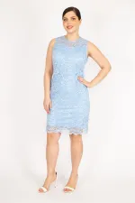 Kadın Bebe Mavisi Büyük Beden Astarlı Dantel Abiye Elbise