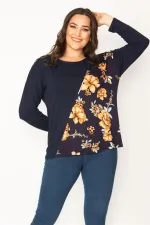 Kadın Lacivert Çieçk Desenli Bisiklet Yaka Tunik 65N30415