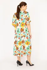 Kadın Renkli Büyük Beden Dokuma Viskon Kumaş Ön Pat Düğmeli Cepli Elbise 65N35839