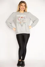 Women's Plus Size Gray 3 Thread Thick Front Printed Shoulder Gathered Ribbed Sweatshirt 65N37105