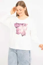 Kadın Kemik Büyük Beden Pamuklu Kumaş Kapri Kol Baskılı Bluz 65N35563