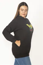 Women's Black Digital Print and Hooded Detailed Side Pocket Sweatshirt 65N30090