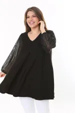Kadın Büyük Beden Siyah Kolları Tül Önü A Pileli Tunik 65N37784