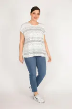 Kadın Bebe Mavisi Büyük Beden Pamuklu Kumaş Düşük Kol Desenli Bluz