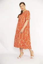 Kadın Oranj Büyük Beden Dokuma Viskon Kumaş Kısa Kollu Elbise