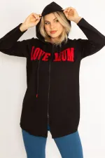 Kadın Siyah Kapşonlu Ön Fermuar Ve Baskı Detaylı Sweatshirt 65N34681
