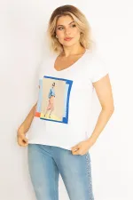 Kadın Beyaz Pamuklu Kumaş Ön Baskılı V Yakalı Bluz 65N34719