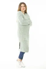 Kadın Büyük Beden Yeşil Yırtmaçlı Kalın Triko Uzun Hırka 65N37140