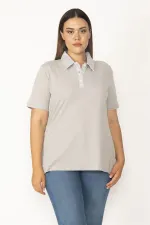 Kadın Gri Pamuklu Kumaş Polo Yakalı Pat Düğmeli Bluz 65N27322