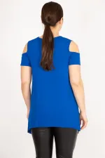 Kadın Saks Büyük Beden Omuz Dekolteli Asimetrik Kesim Viskon Bluz