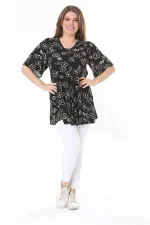 Kadın Büyük Beden Siyah Önü A Pileli V Yakalı Tunik 65N37793