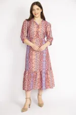 WOMEN'S COLORFUL COLLAR DRESS WITH FRILLED FRONT PLACE, ORNAMENTAL BUTTONS, WAIST AND ARM EMBROIDERY DETAILED
