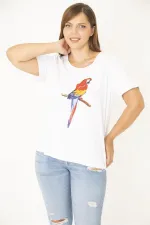 Kadın Büyük Beden Beyaz Pamuk Kumaş Ön Baskılı Bluz 65N36938