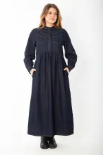 Women's Navy Blue Hidden Placket Metal Button Denim Dress 65N37375