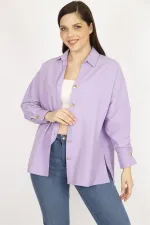 Kadın Lila Büyük Beden Metal Düğmeli Manşetli Gömlek