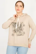 Kadın Vizon Büyük Beden Kapşonlu Baskı Ve Taş Detaylı Sweatshirt