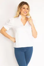 Kadın Beyaz Yaka Ve Kol Ağzı Fırfır Detaylı Poplin Bluz 65N35174