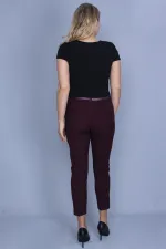 Kadın Bordo Arka Süs Flota Ve Yan Cepli Kemer Aksesuarlı Kumaş Pantolon 65N24040