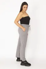 Kadın Gri Beli Lastik Ve Kuşgözü Kaytan Detaylı Cepli Spor Pantolon 65N29152