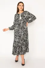 KADIN ORANJ DOKUMA VİSKON KUMAŞ UZUN KOLLU KATLI ELBİSE