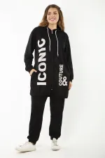 Kadın Büyük Beden Gri Baskı Ve Fermuar Detaylı Kapşonlu Sweatshirt Pantolon Takım 65N37128